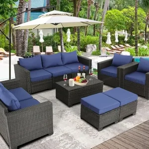 Qoutdoor PE wicker patio furniture rattan sectional loveseat couch set conversation sofa with storage box for balcony lawn a