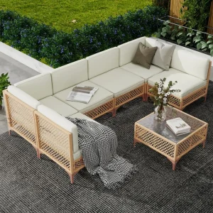 7 Piece Outdoor Patio Furniture Set, with Glass Table and Cushions