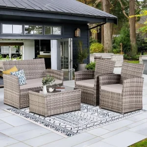 4 Piece Patio Furniture Set,Outdoor Wicker W/Coffee Table,Seat Cushions