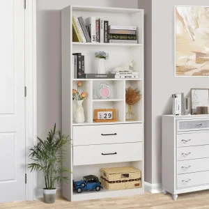 White Bookshelf with 2 Drawers, 71" Tall Wooden Bookcase with 9 Open Cube Shelves