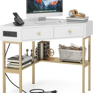 corner desk with 2 drawers and built-in charging station