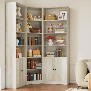 Corner Bookshelf and Bookcase with 2 Storage Cabinets