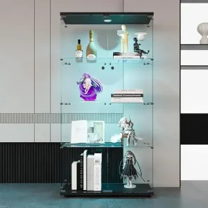 Display Cabinet, 64.5" H 4-Shelf LED Lights Glass Display Cabinet with Double Door
